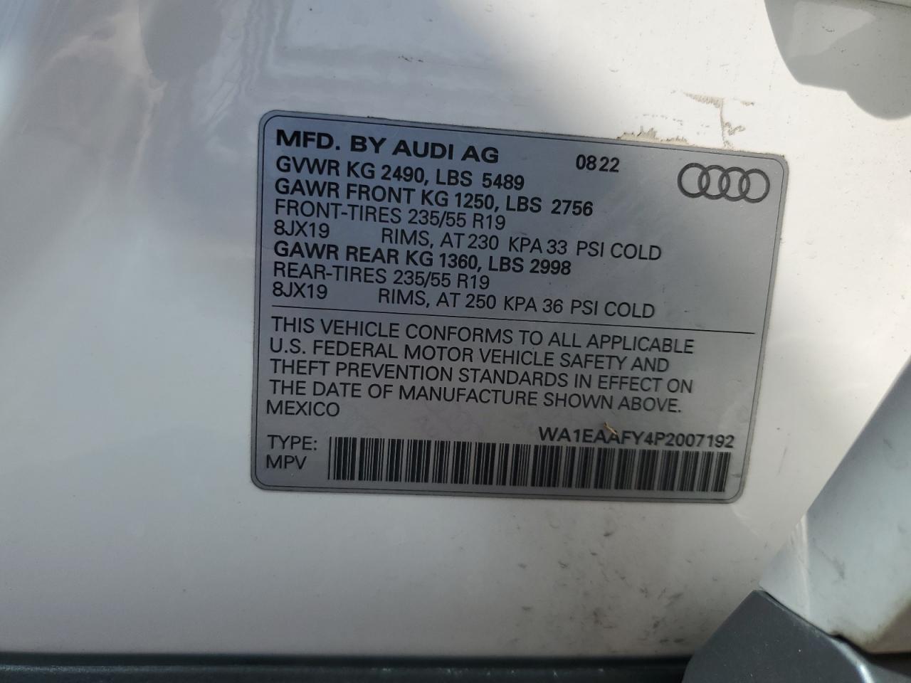 2023 AUDI Q5 PREMIUM PLUS 45 VIN:WA1EAAFY4P2007192