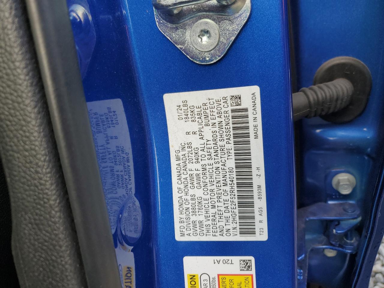 2024 HONDA CIVIC SPORT VIN:2HGFE2F52RH540180