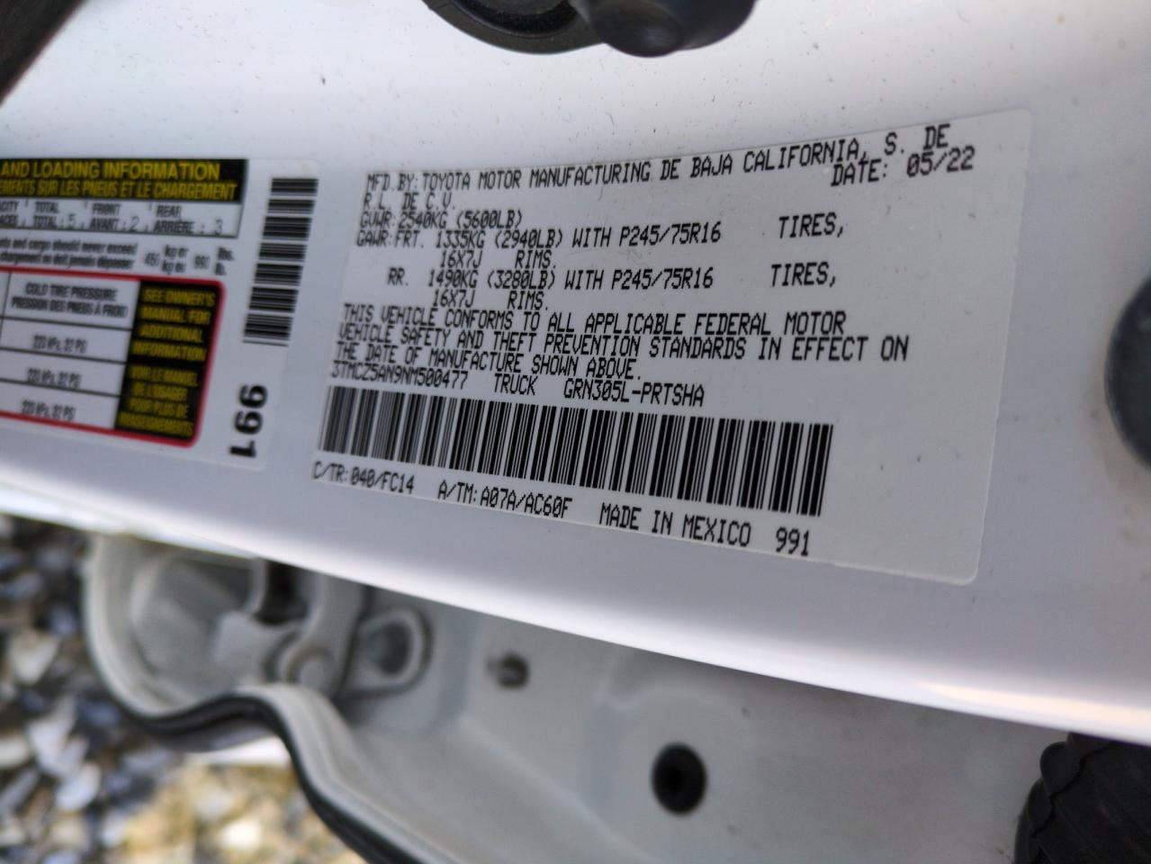2022 TOYOTA TACOMA DOUBLE CAB VIN:3TMCZ5AN9NM500477