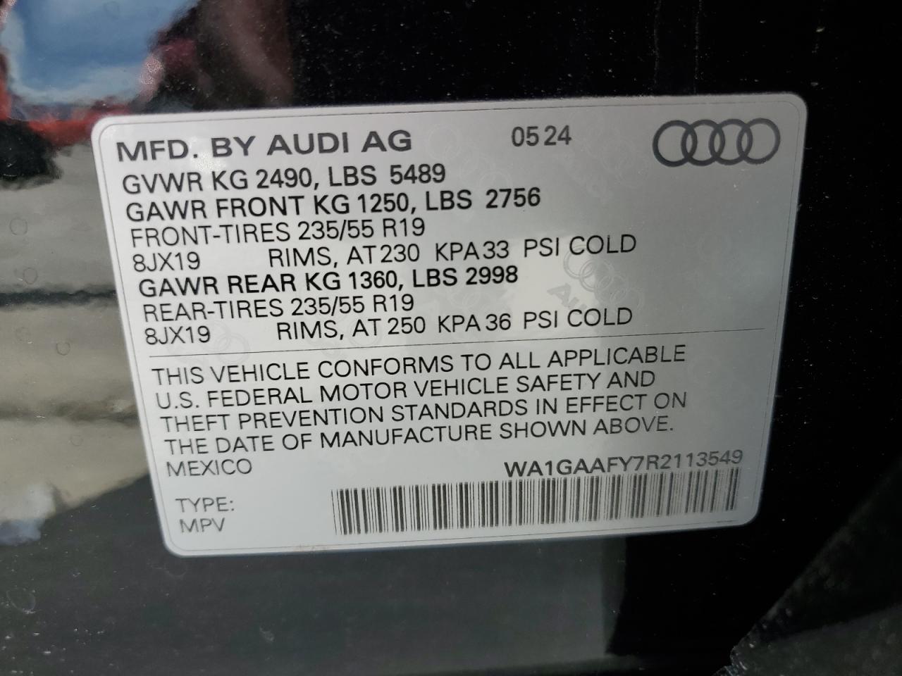 2024 AUDI Q5 PREMIUM 45 VIN:WA1GAAFY7R2113549