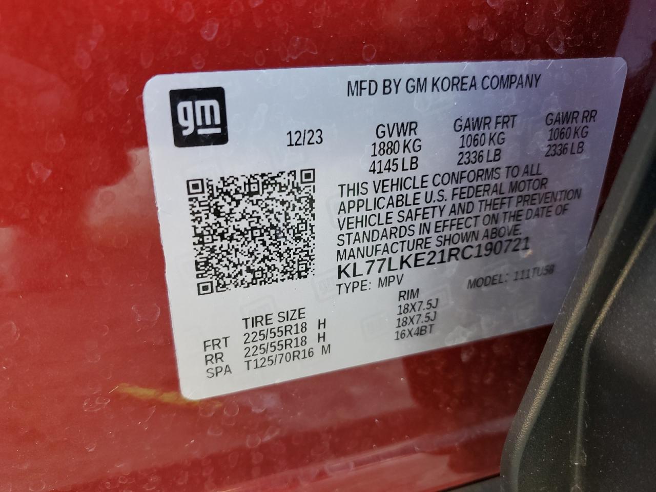 2024 CHEVROLET TRAX ACTIV VIN:KL77LKE21RC190721