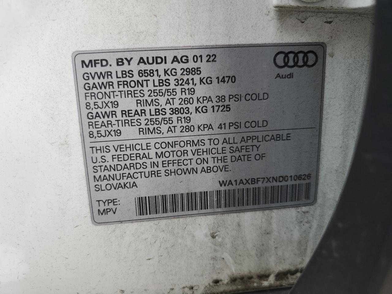 2022 AUDI Q7 PREMIUM VIN:WA1AXBF7XND010626