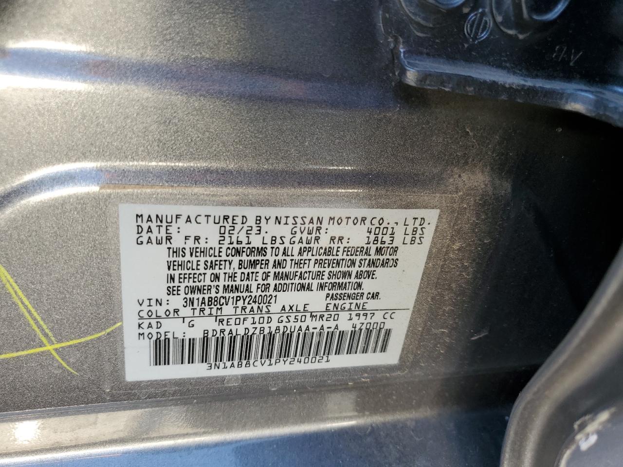 2023 NISSAN SENTRA SV VIN:3N1AB8CV1PY240021