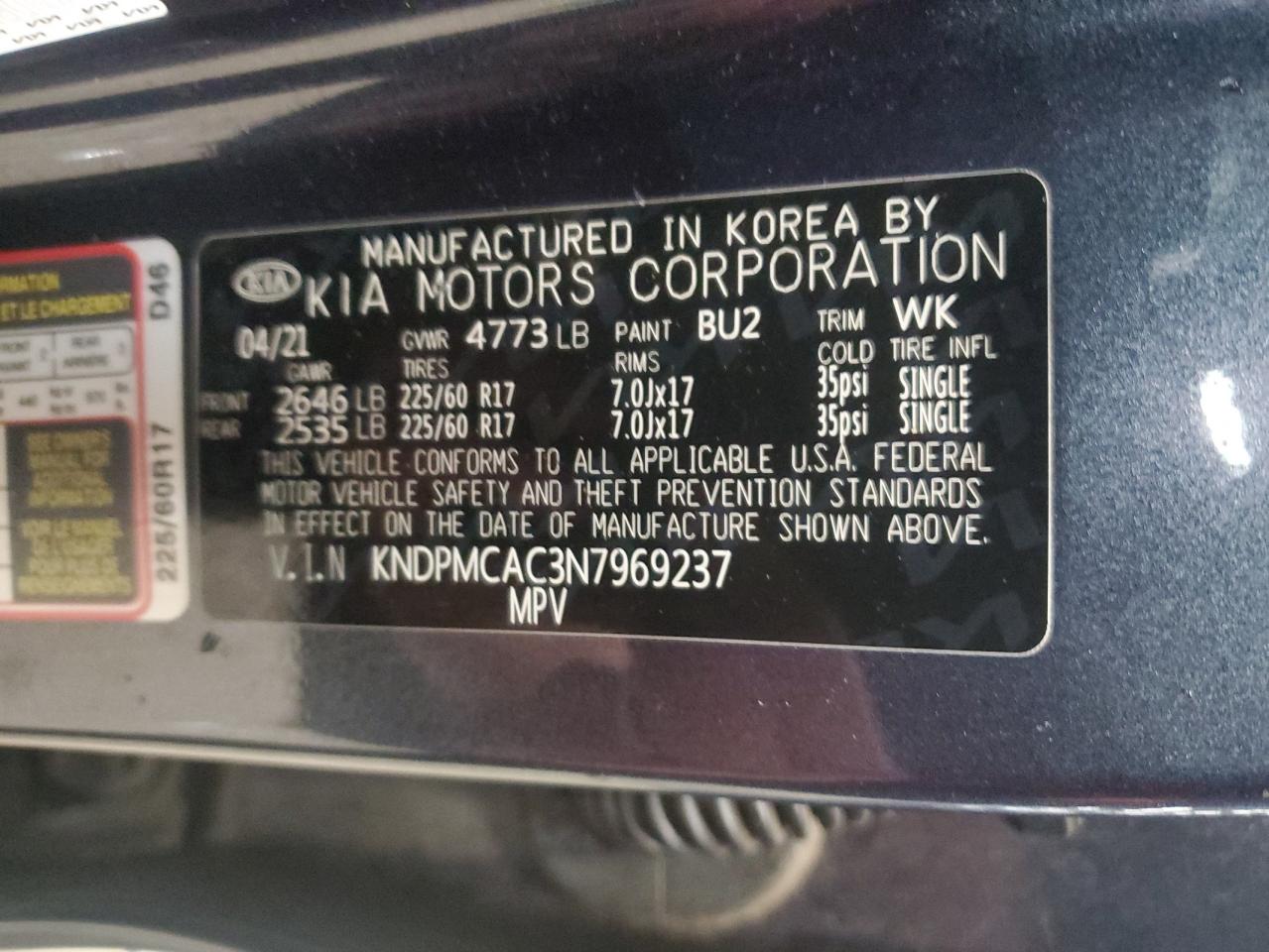 2022 KIA SPORTAGE LX VIN:KNDPMCAC3N7969237