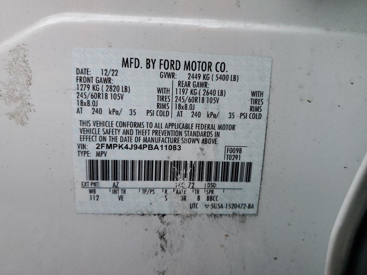 2023 FORD EDGE SEL VIN:2FMPK4J94PBA11083