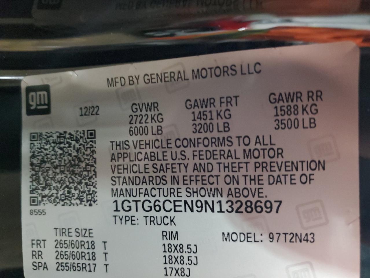 2022 GMC CANYON ELEVATION VIN:1GTG6CEN9N1328697