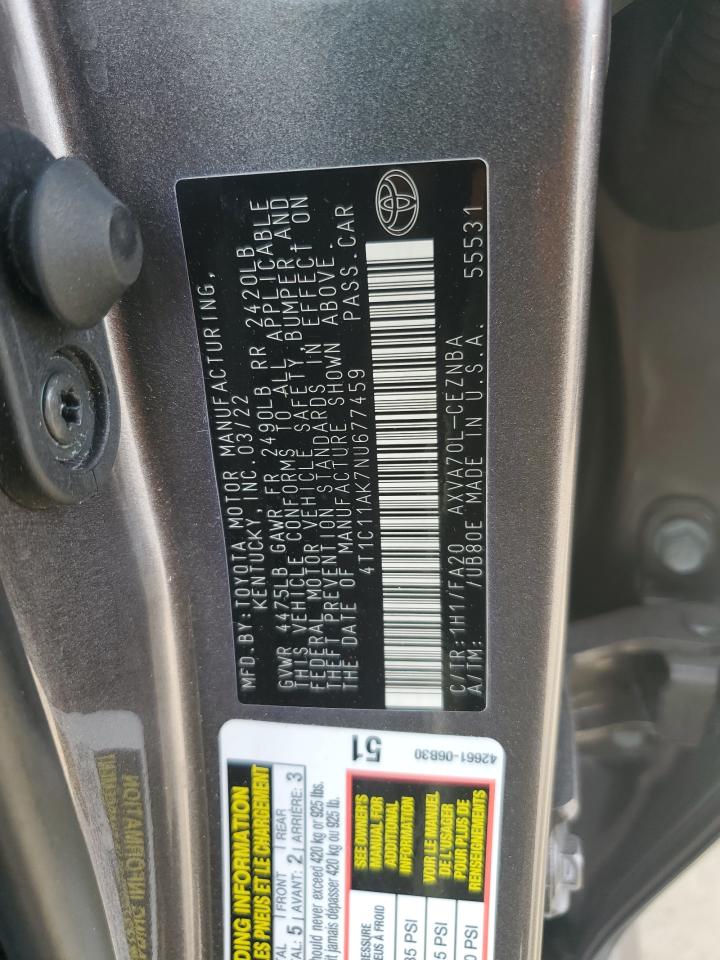 2022 TOYOTA CAMRY LE VIN:4T1C11AK7NU677459