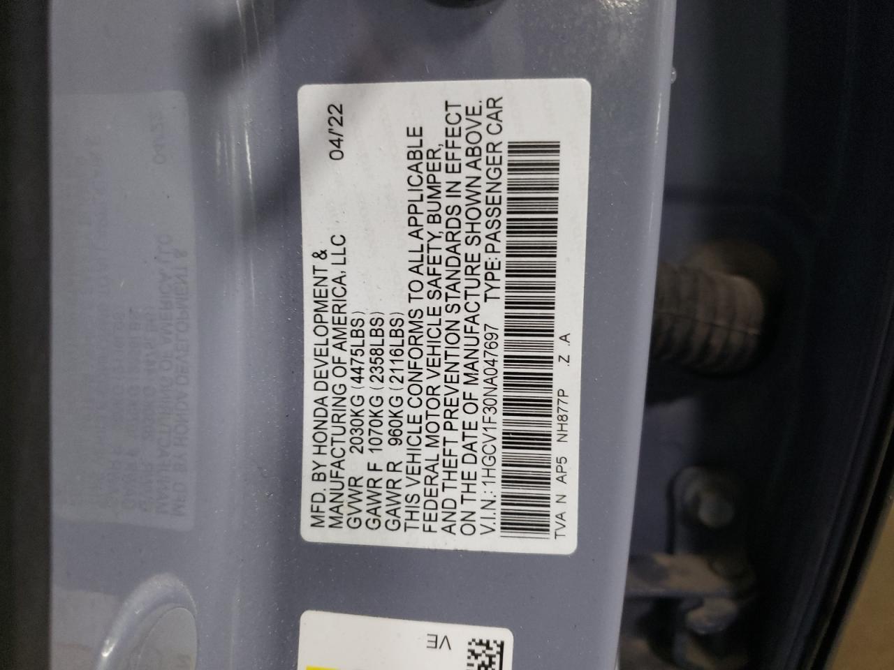 2022 HONDA ACCORD SPORT VIN:1HGCV1F30NA047697