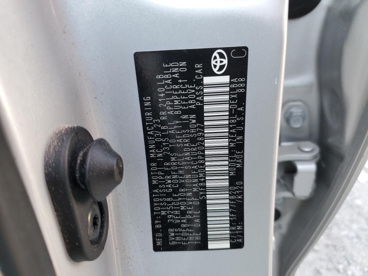 2023 TOYOTA COROLLA LE VIN:5YFB4MDE8PP028977