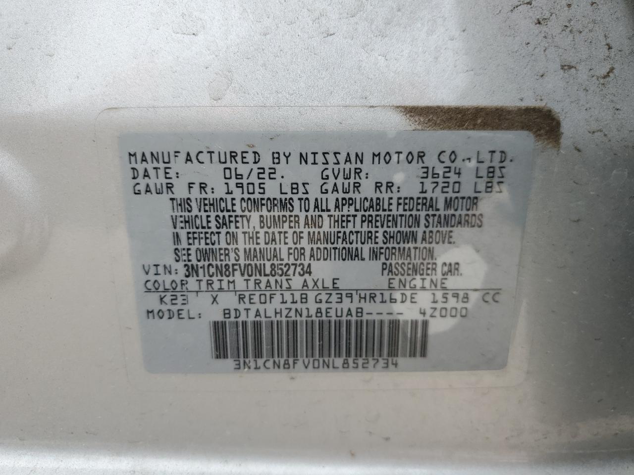 2022 NISSAN VERSA SR VIN:3N1CN8FV0NL852734