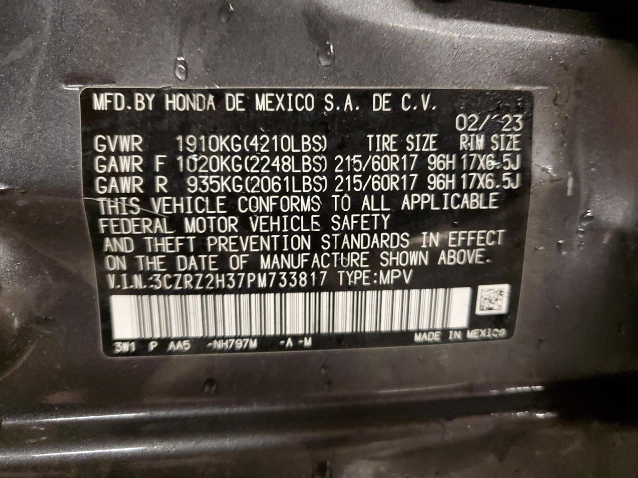 2023 HONDA HR-V LX VIN:3CZRZ2H37PM733817