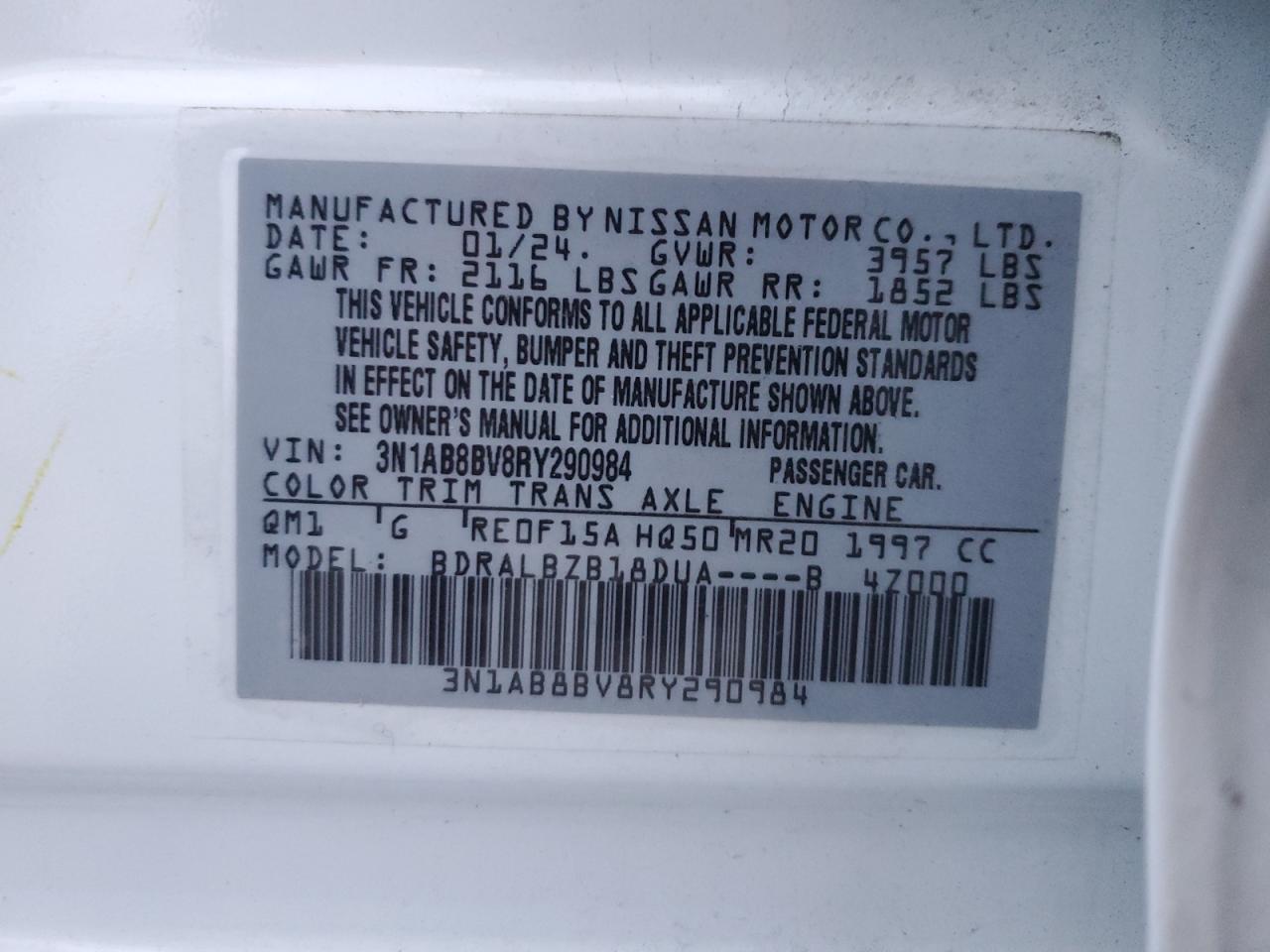 2024 NISSAN SENTRA S VIN:3N1AB8BV8RY290984