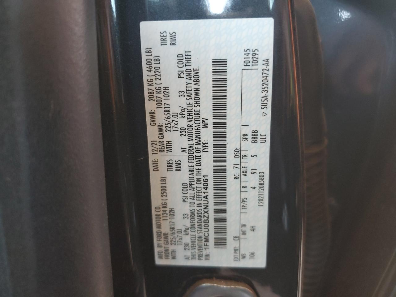 2022 FORD ESCAPE SE VIN:1FMCU0BZXNUA14061