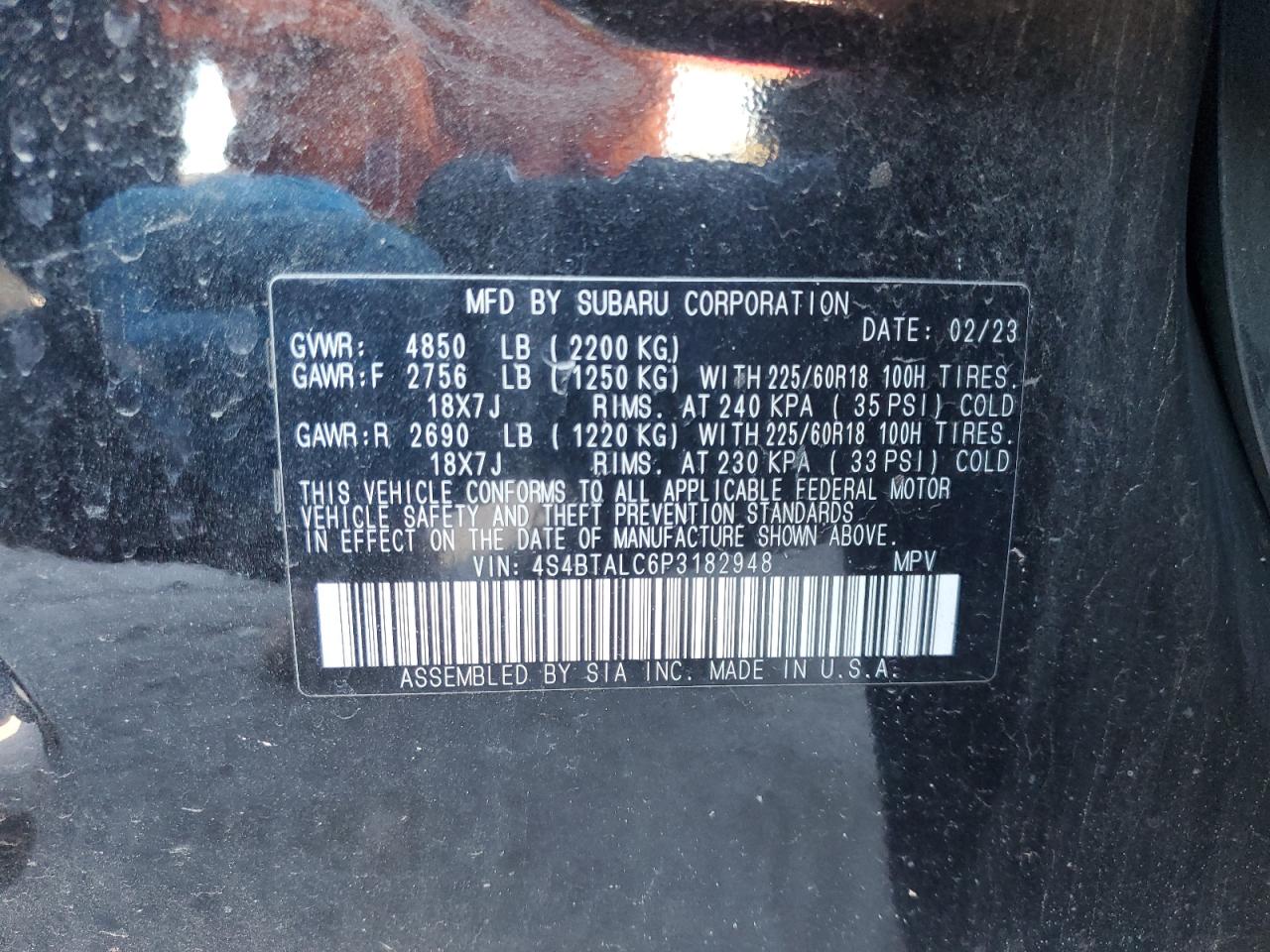 2023 SUBARU OUTBACK ONYX EDITION VIN:4S4BTALC6P3182948