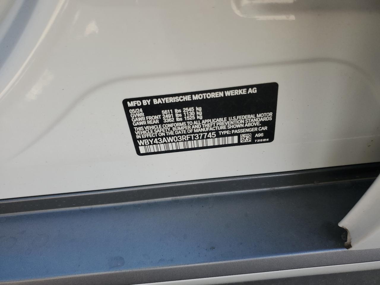 2024 BMW I4 EDRIVE 35 VIN:WBY43AW03RFT37745