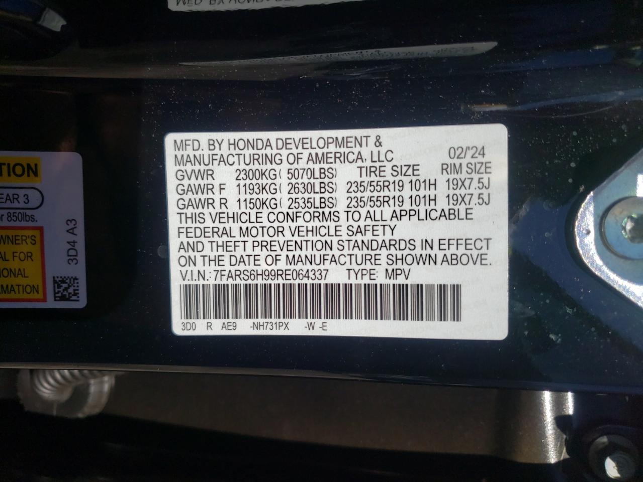 2024 HONDA CR-V SPORT TOURING VIN:7FARS6H99RE064337