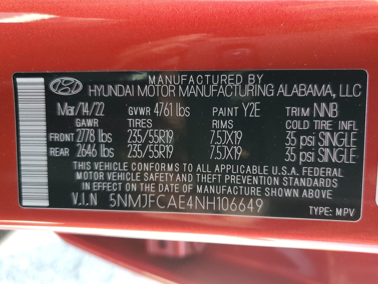 2022 HYUNDAI TUCSON SEL VIN:5NMJFCAE4NH106649