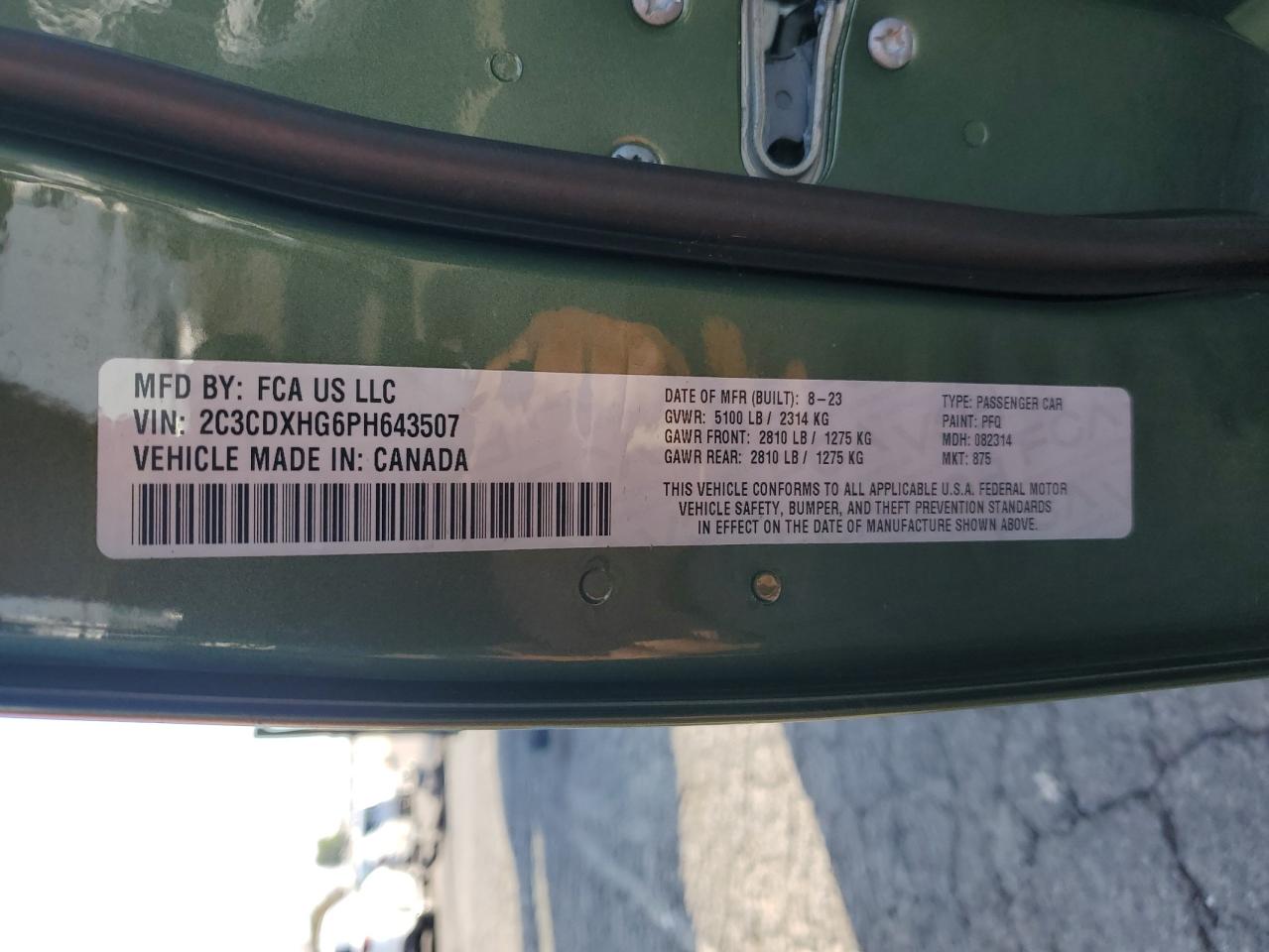 2023 DODGE CHARGER GT VIN:2C3CDXHG6PH643507