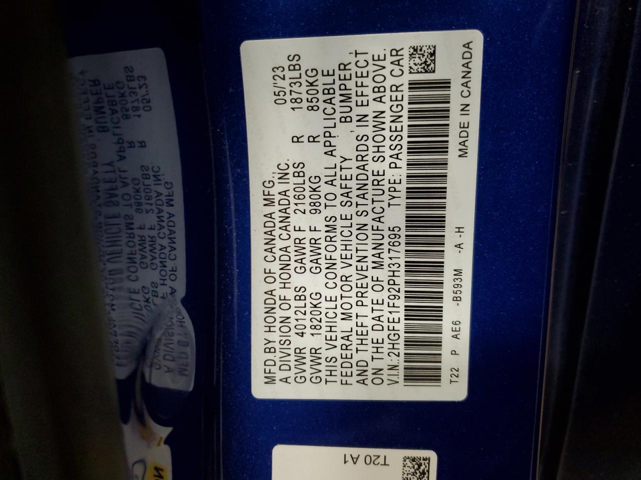 2023 HONDA CIVIC TOURING VIN:2HGFE1F92PH317695