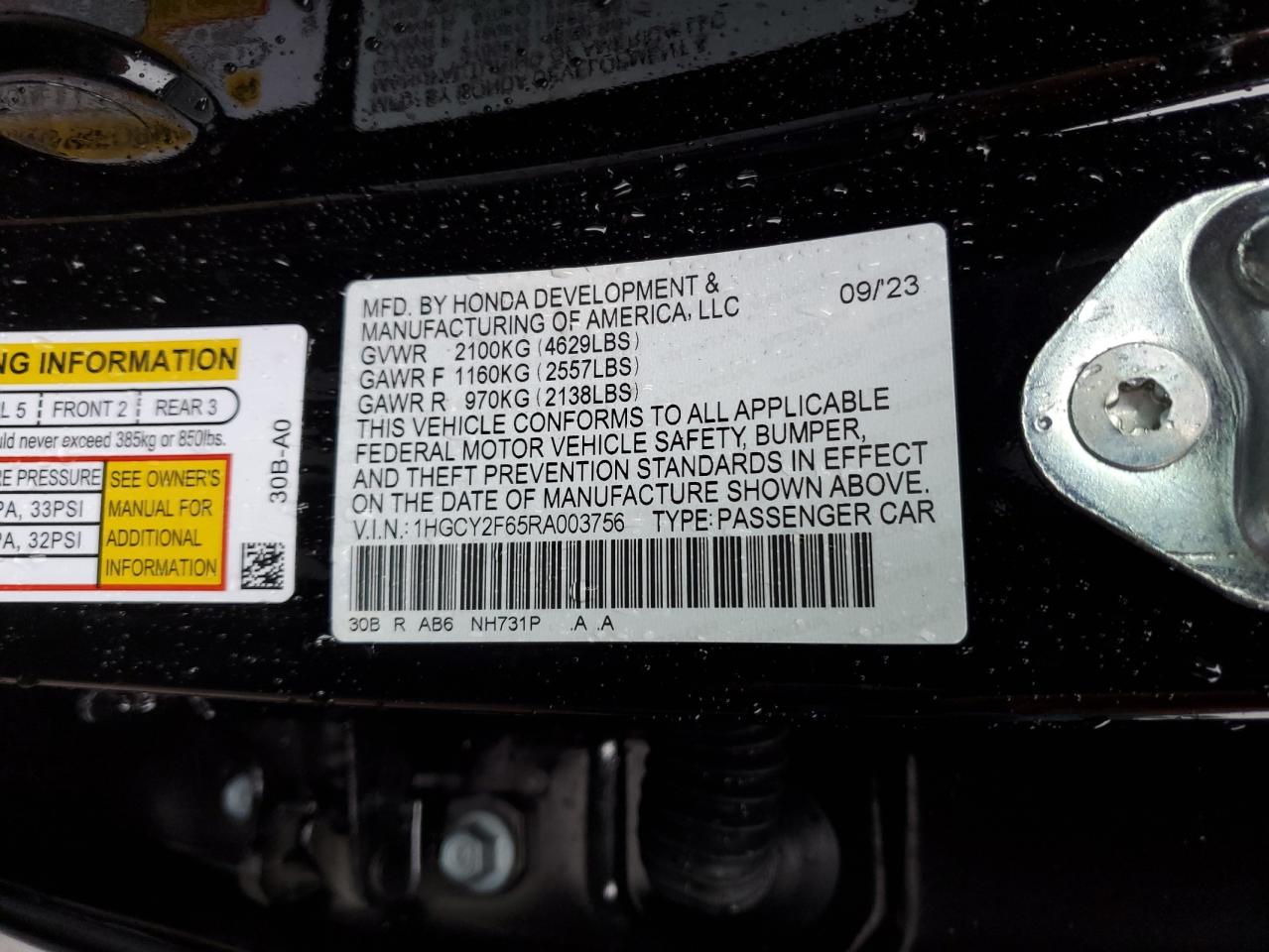 2024 HONDA ACCORD HYBRID EXL VIN:1HGCY2F65RA003756