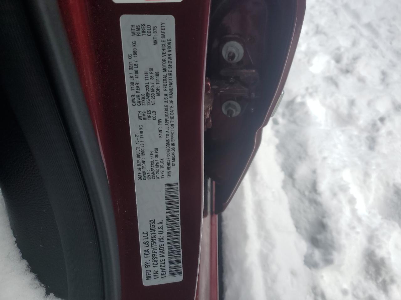 2022 RAM 1500 LIMITED VIN:1C6SRFHT5NN140532