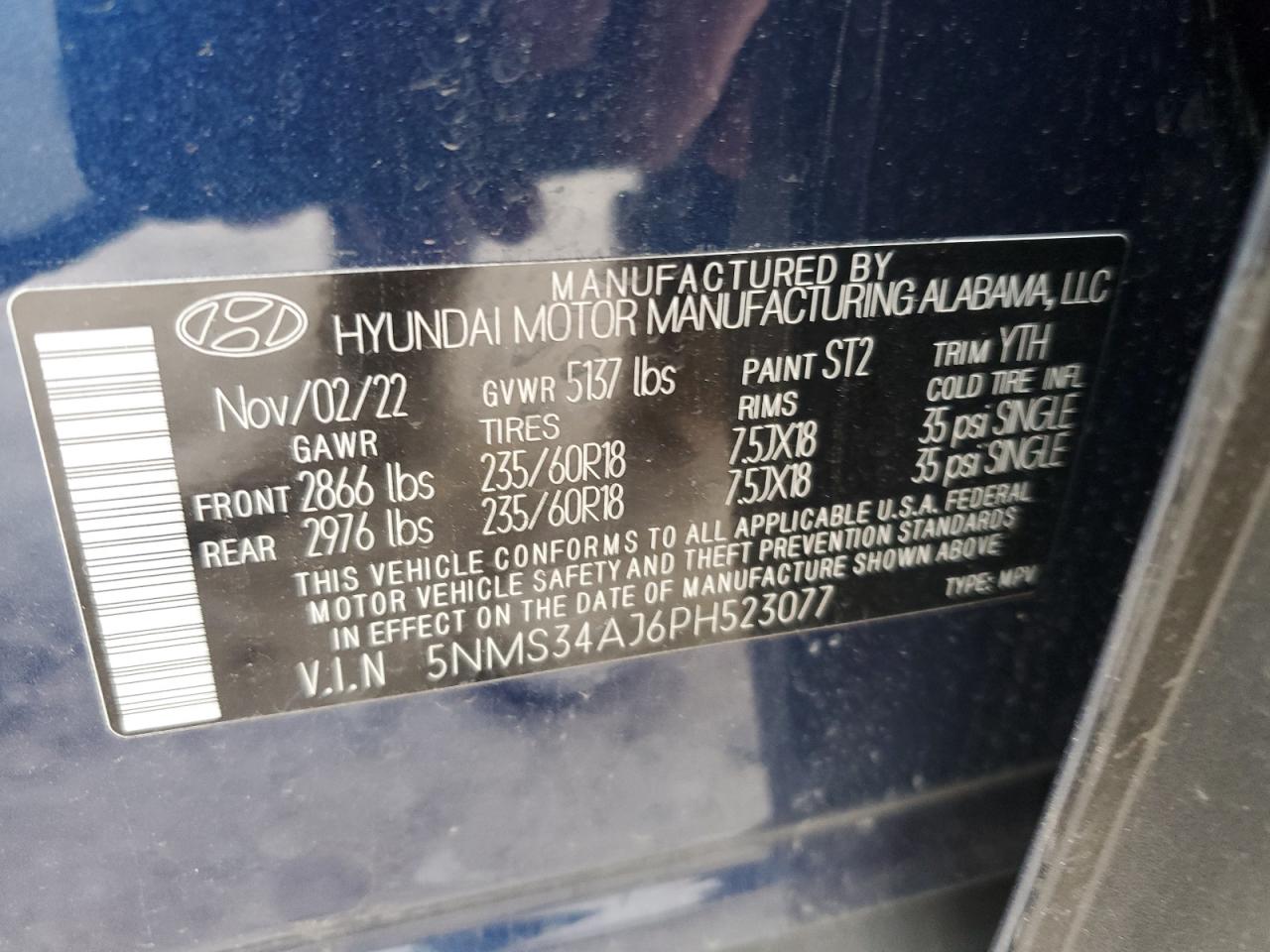 2023 HYUNDAI SANTA FE SEL PREMIUM VIN:5NMS34AJ6PH523077