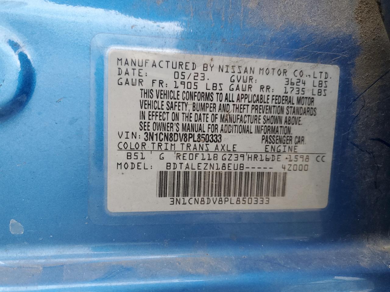 2023 NISSAN VERSA S VIN:3N1CN8DV8PL850333
