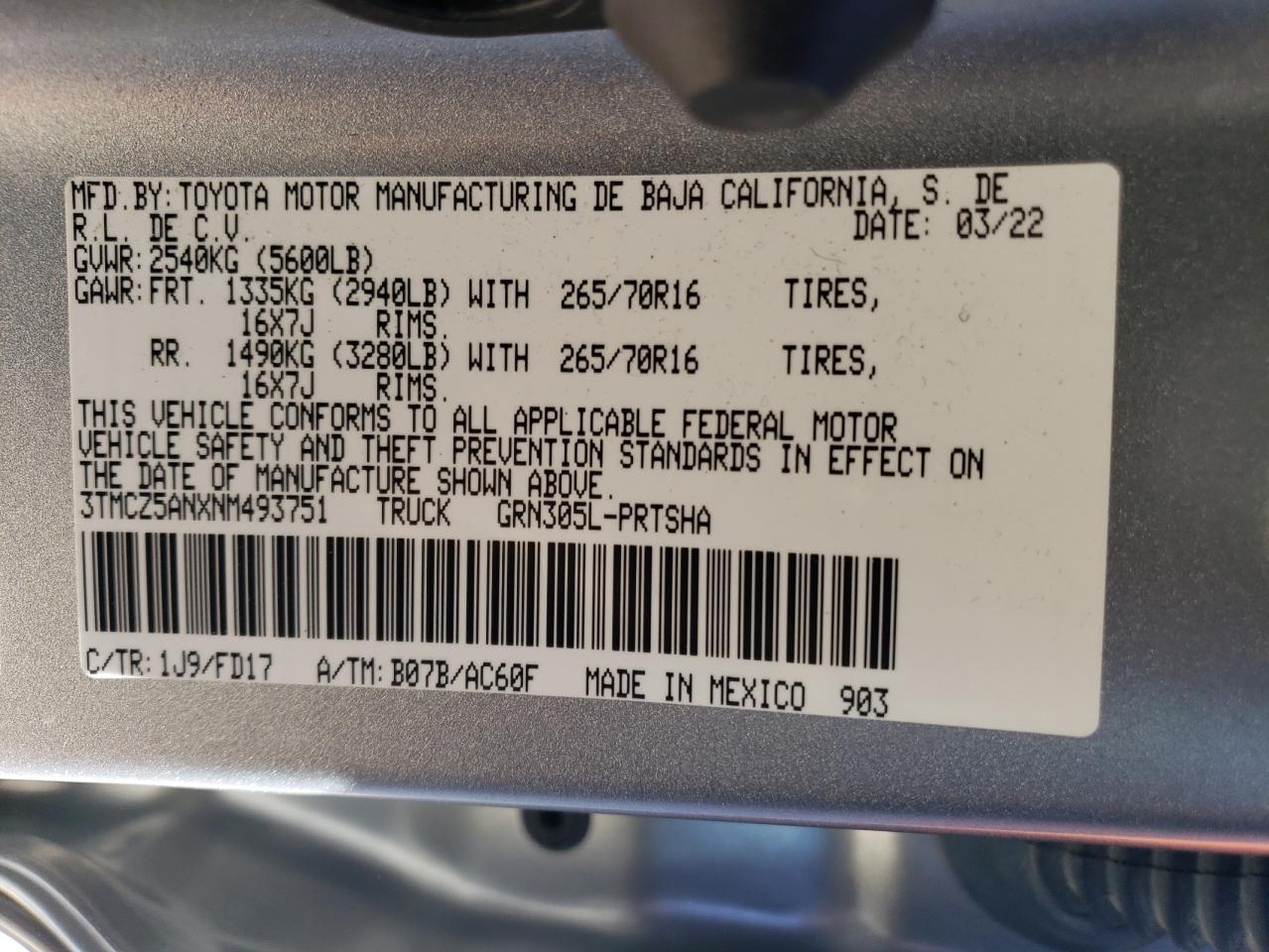 2022 TOYOTA TACOMA DOUBLE CAB VIN:3TMCZ5ANXNM493751