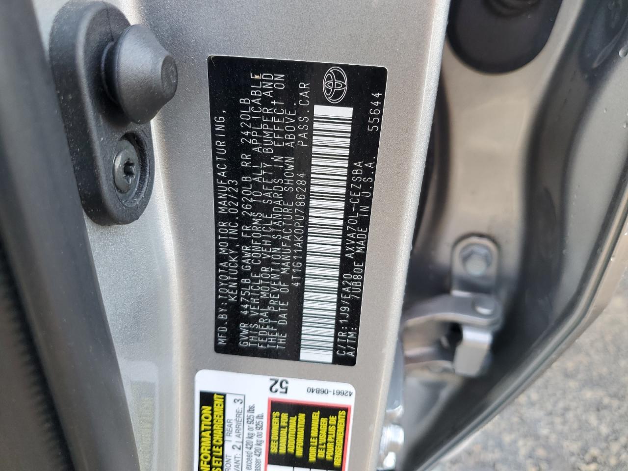 2023 TOYOTA CAMRY SE NIGHT SHADE VIN:4T1G11AK0PU786284