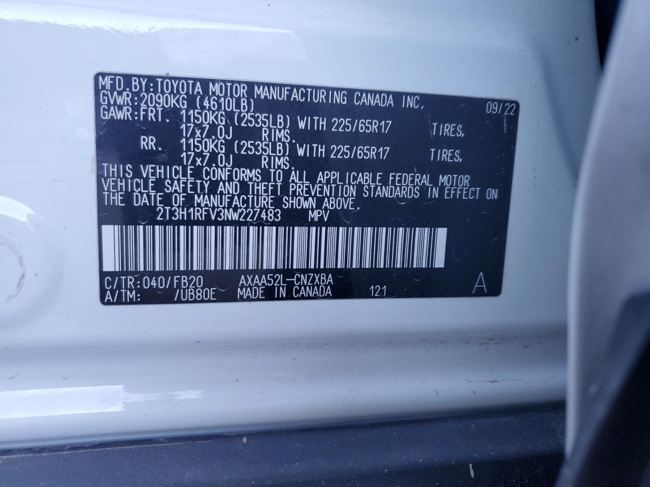 2022 TOYOTA RAV4 LE VIN:2T3H1RFV3NW227483