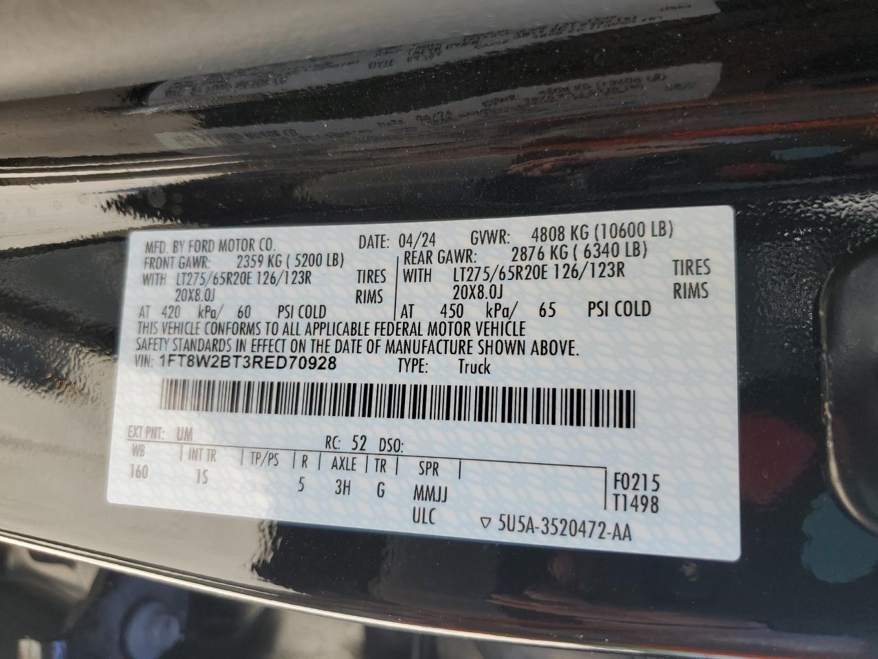 2024 FORD F250 SUPER DUTY VIN:1FT8W2BT3RED70928