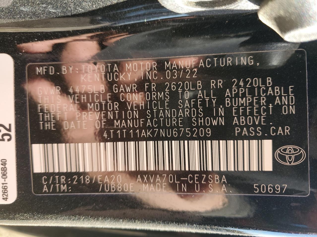 2022 TOYOTA CAMRY SE VIN:4T1T11AK7NU675209