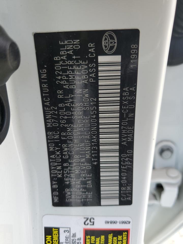 2022 TOYOTA CAMRY NIGHT SHADE VIN:4T1T31AK0NU045512