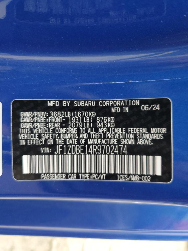 2024 SUBARU BRZ LIMITED VIN:JF1ZDBE14R9702474