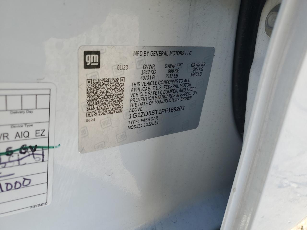 2023 CHEVROLET MALIBU LT VIN:1G1ZD5ST1PF169203