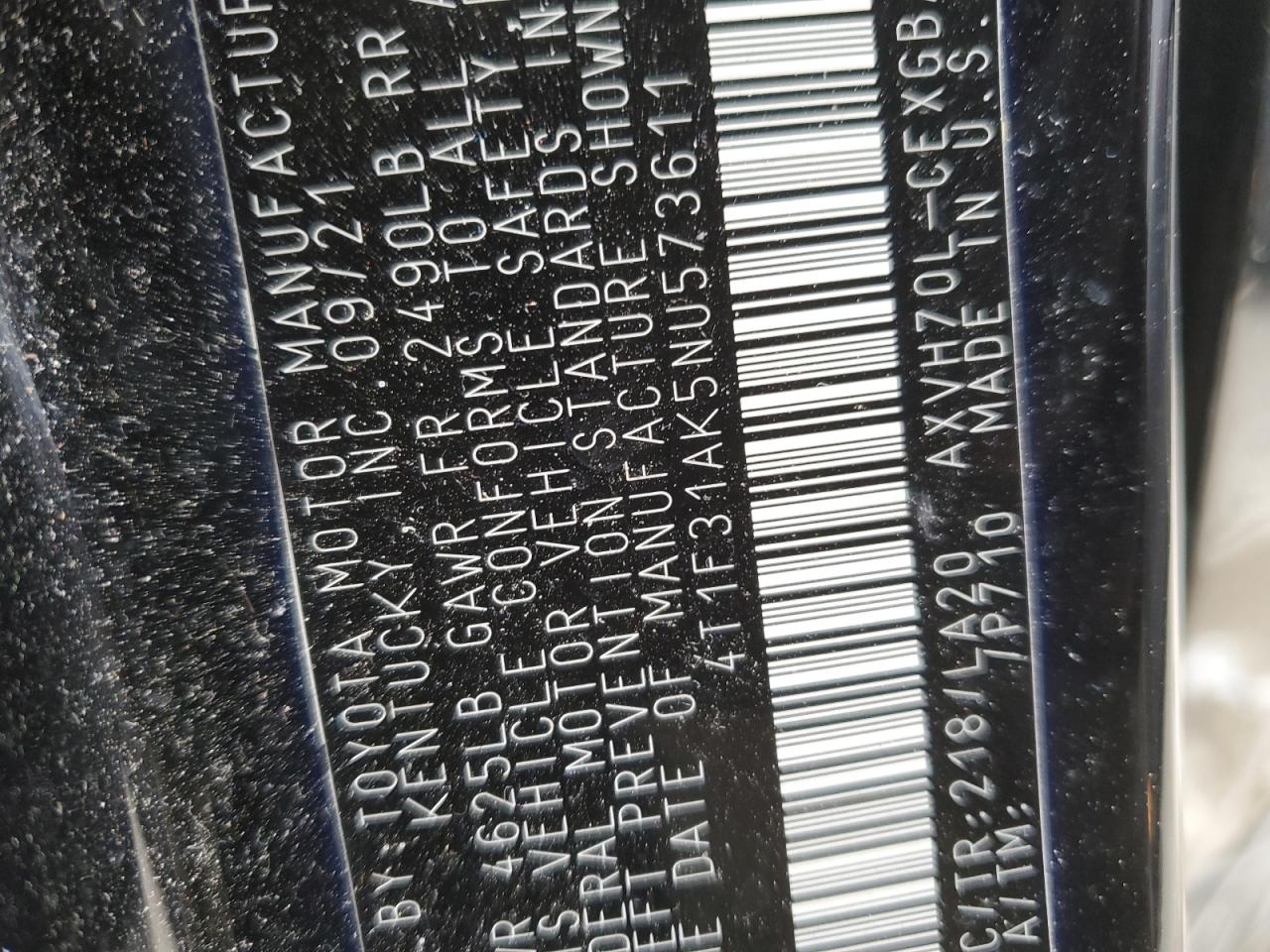 2022 TOYOTA CAMRY XLE VIN:4T1F31AK5NU573611