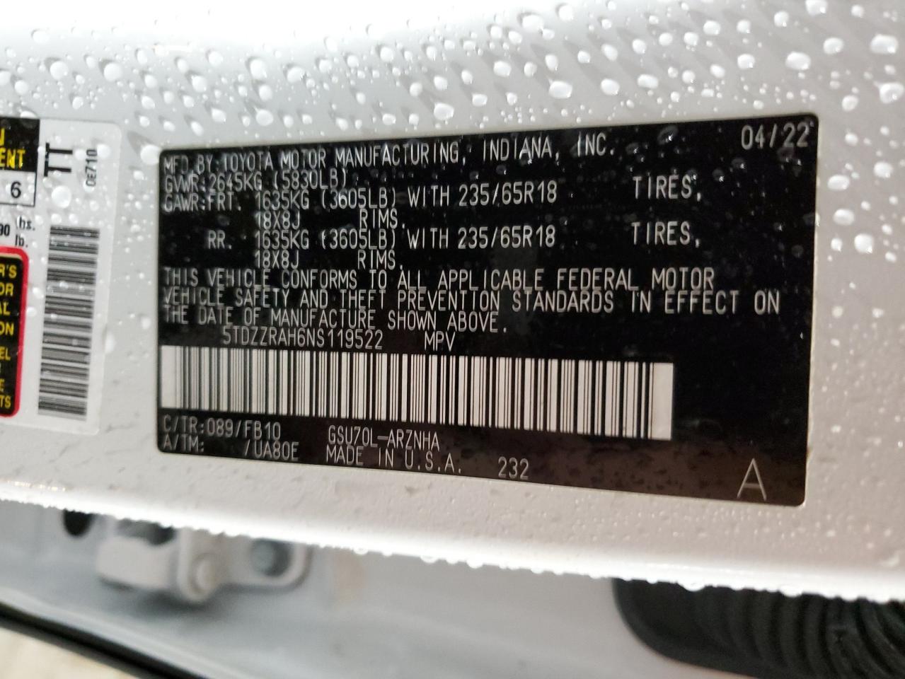 2022 TOYOTA HIGHLANDER L VIN:5TDZZRAH6NS119522