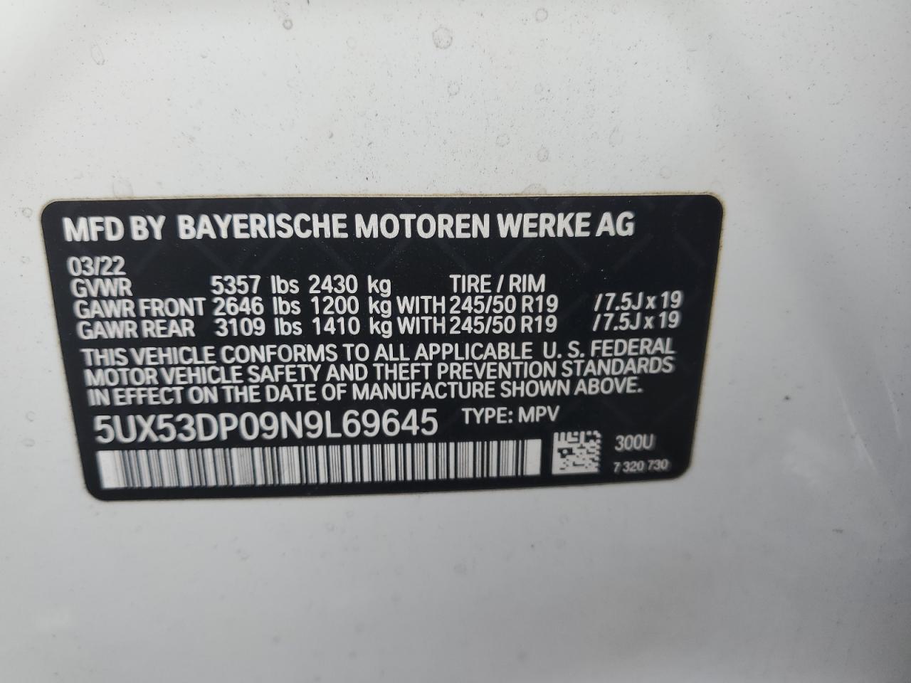 2022 BMW X3 XDRIVE30I VIN:5UX53DP09N9L69645