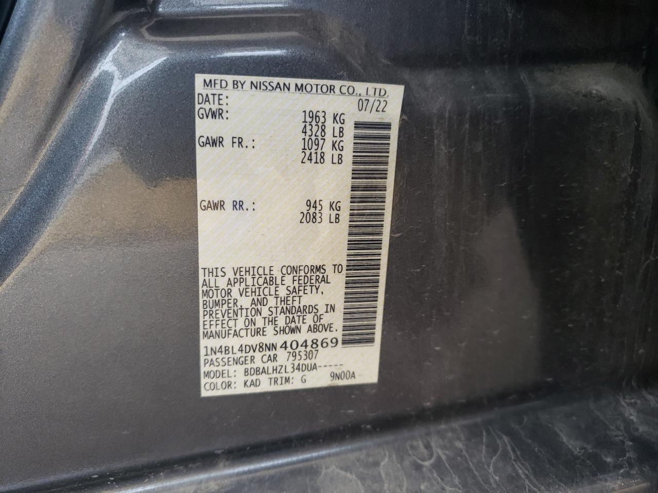 2022 NISSAN ALTIMA SV VIN:1N4BL4DV8NN404869