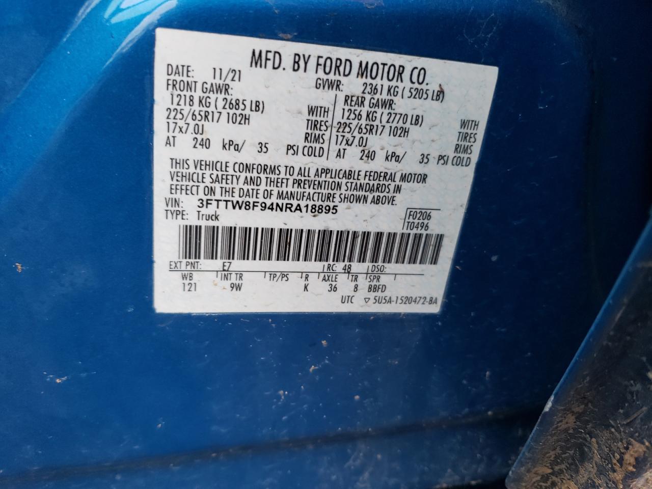 2022 FORD MAVERICK XL VIN:3FTTW8F94NRA18895