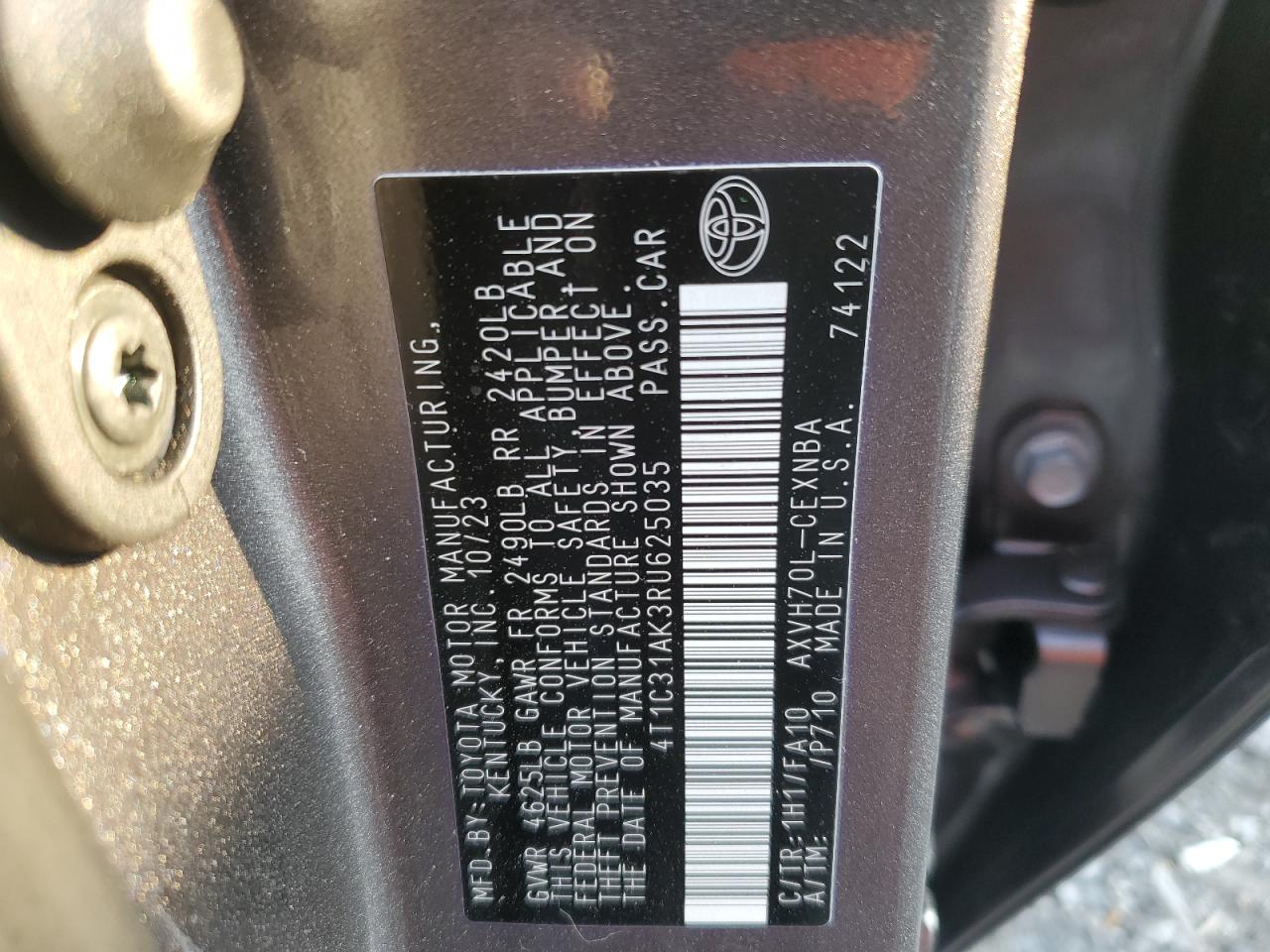 2024 TOYOTA CAMRY LE VIN:4T1C31AK3RU625035
