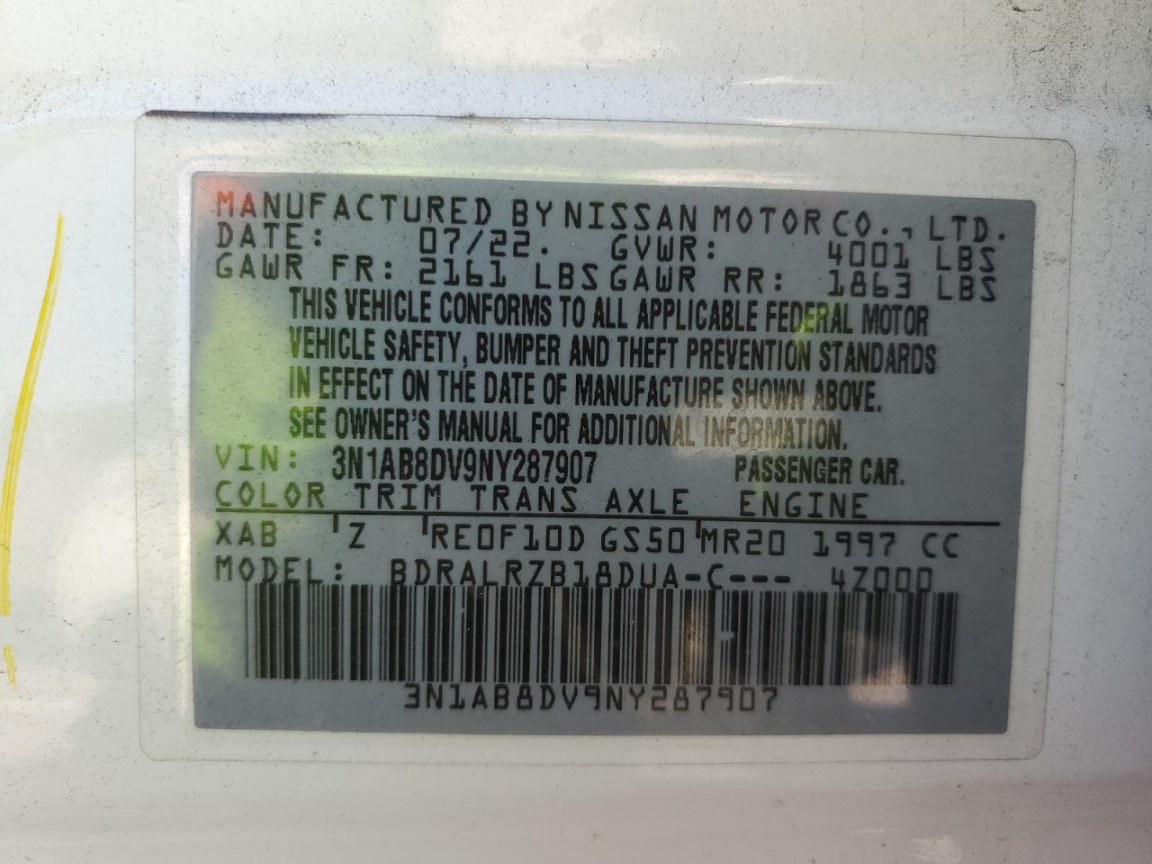2022 NISSAN SENTRA SR VIN:3N1AB8DV9NY287907