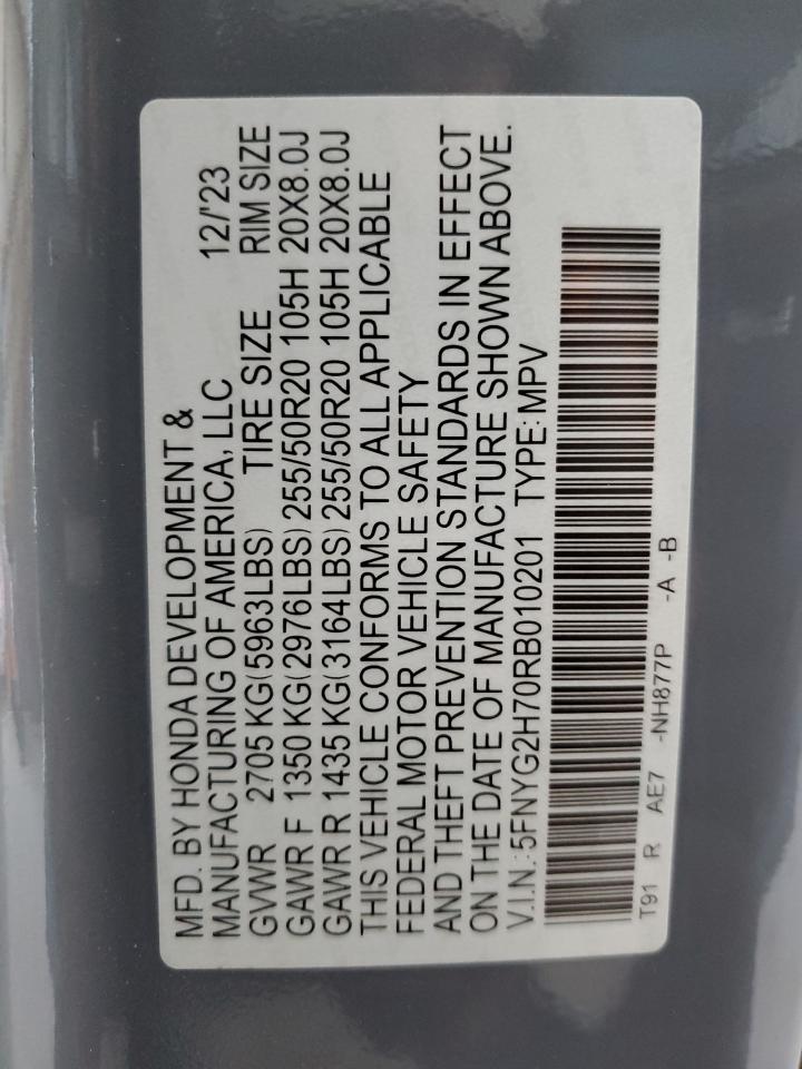 2024 HONDA PILOT TOURING VIN:5FNYG2H70RB010201