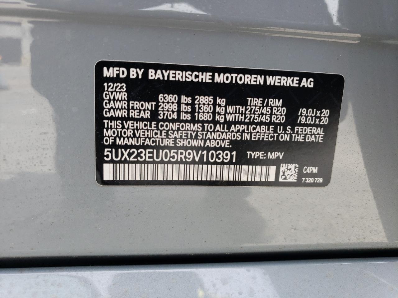 2024 BMW X5 XDRIVE40I VIN:5UX23EU05R9V10391