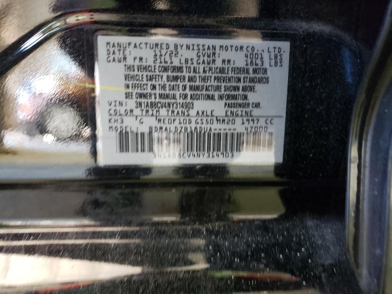 2022 NISSAN SENTRA SV VIN:3N1AB8CV4NY314903