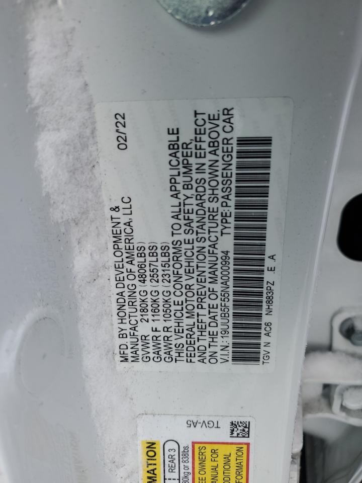 2022 ACURA TLX TECH A VIN:19UUB5F55NA000994