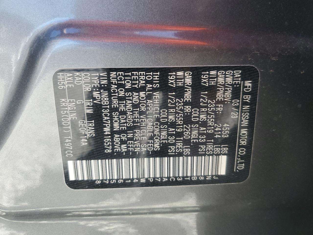 2023 NISSAN ROGUE SL VIN:JN8BT3CA7PW416578