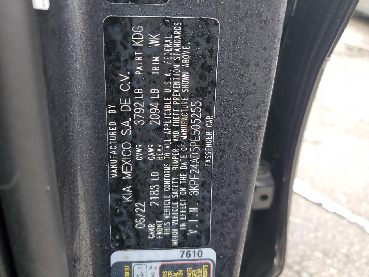 2023 KIA FORTE LX VIN:3KPF24AD5PE505255