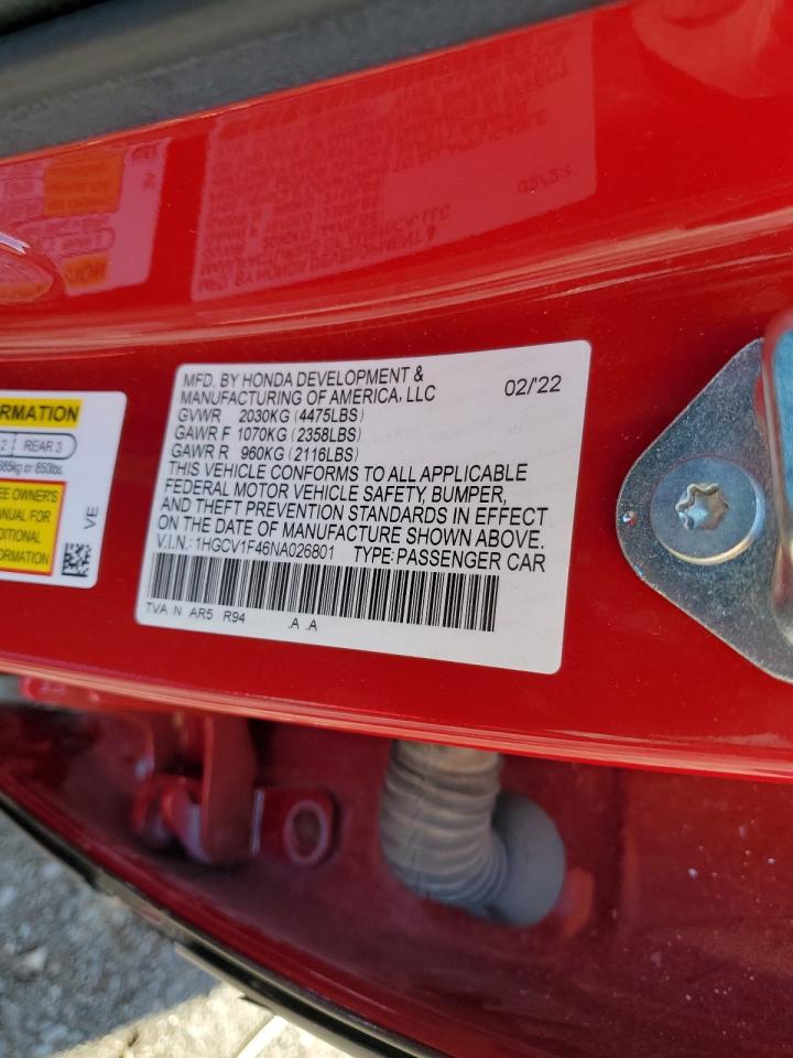 2022 HONDA ACCORD SPORT SE VIN:1HGCV1F46NA026801