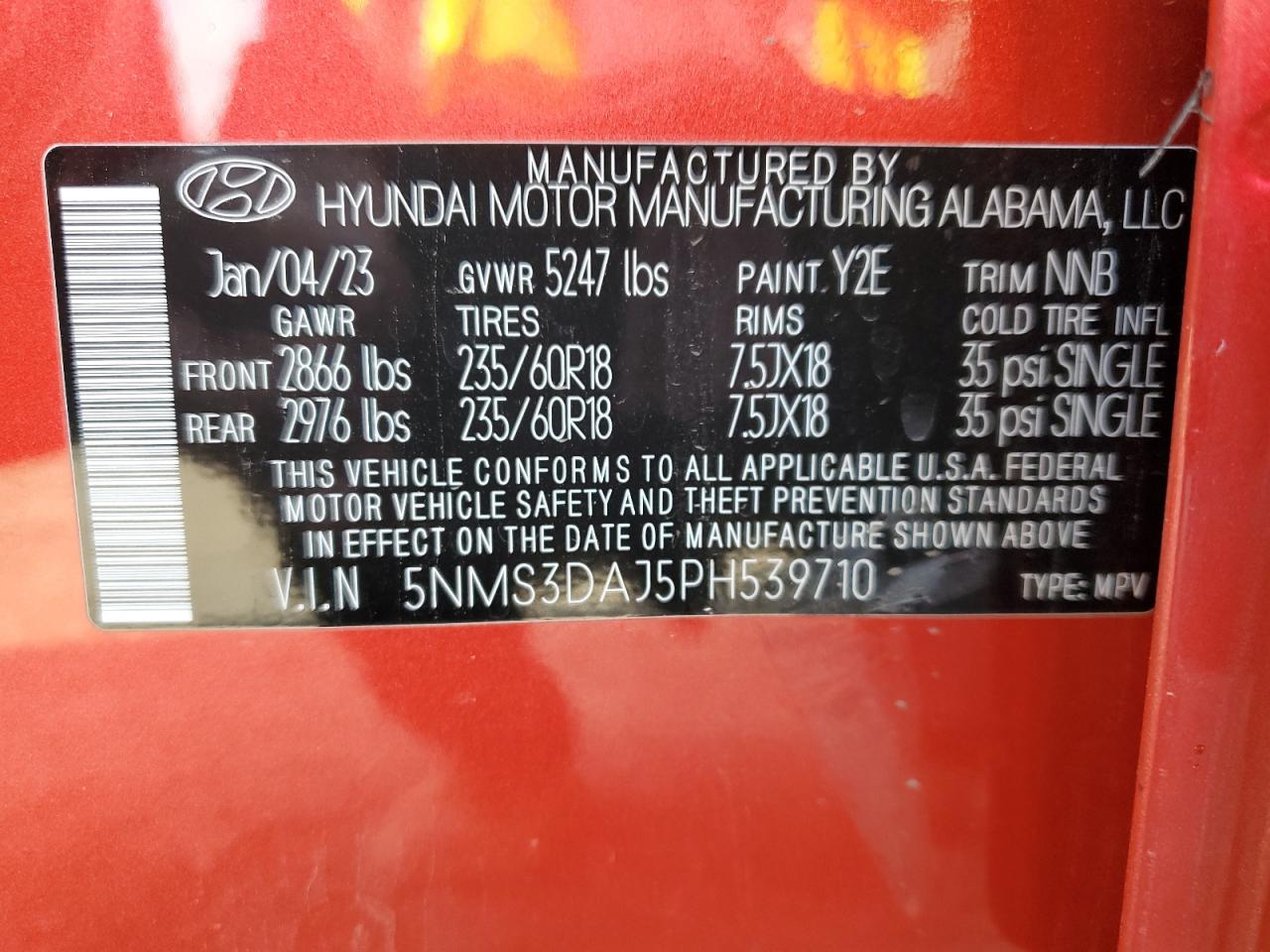 2023 HYUNDAI SANTA FE SEL PREMIUM VIN:5NMS3DAJ5PH539710